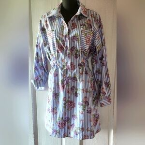 Moda I Floral Striped Button-Up Shirtdress Sz L